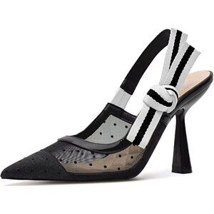 🆕Women Black Heels Pointed Toe High Heels Bowknot Knitted Dress Pumps Shoes